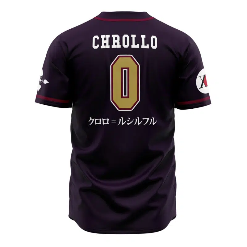The Phantom Troupe Chrollo Hunter X Hunter Baseball Jersey is a black sports jersey featuring CHROLLO and a large gold 0 on the back, Japanese text underneath, and white symbols on both sleeves.