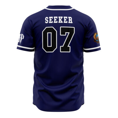 Navy blue Ravenclaw House Harry Potter baseball jersey with white trim, SEEKER and 07 in bold white on the back. Right sleeve has a white HP; left sleeve features a colorful patch.