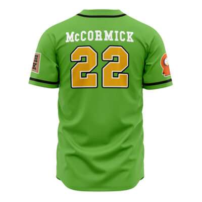 A vibrant green South Park Cows McCormick Baseball Jersey with black trim, "McCORMICK" in white and yellow 22 on the back. Sleeves have patches, including an orange South Park cartoon character on the right.