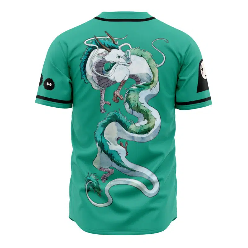 The Spirited Away Studio Ghibli Baseball Jersey is a teal short-sleeve shirt with black striped sleeves and small black icons near the shoulders, featuring a detailed white and green dragon with blue accents on the back.
