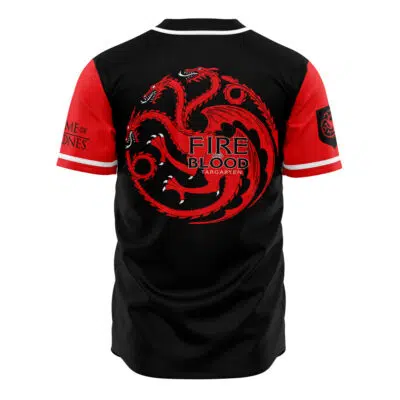 Back view of the Targaryens of Dragonstone Game of Thrones Baseball Jersey in black and red, with a three-headed dragon emblem, "FIRE AND BLOOD TARGARYEN" text, and "GAME OF THRONES" on the sleeve.