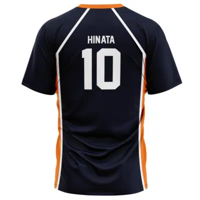 This Team Karasuno Hinata #10 Haikyuu T-Shirt is navy blue with orange and white accents, featuring HINATA and the number 10 in bold white letters on the back.