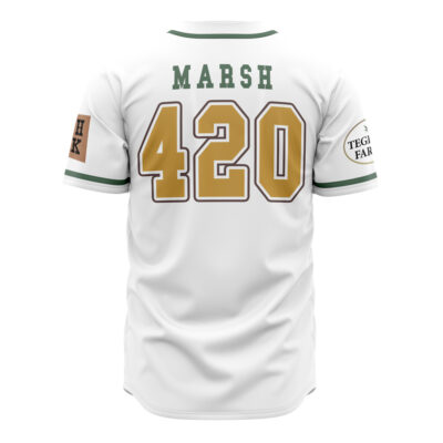 Back view of the Tegridy Farms Marsh South Park Baseball Jersey in white with green trim, gold 420 numbers, MARSH above the numbers, and sponsor logos on both sleeves.