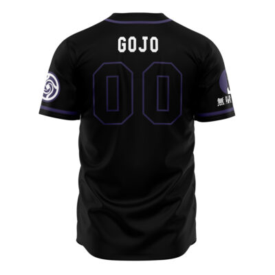 The Tokyo Prefectural Gojo Jujutsu Kaisen Baseball Jersey is black with GOJO and the number 00 in purple outline on the back. Both sleeves feature symbols—one in white and one in purple.