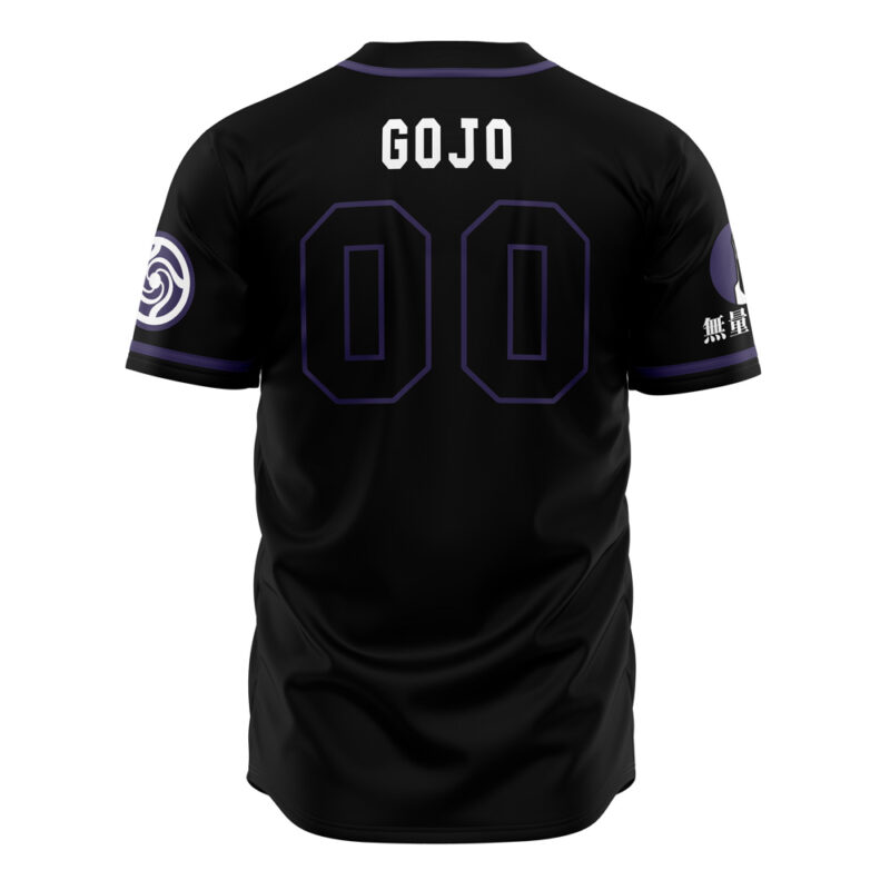 The Tokyo Prefectural Gojo Jujutsu Kaisen Baseball Jersey is black with GOJO and the number 00 in purple outline on the back. Both sleeves feature symbols—one in white and one in purple.