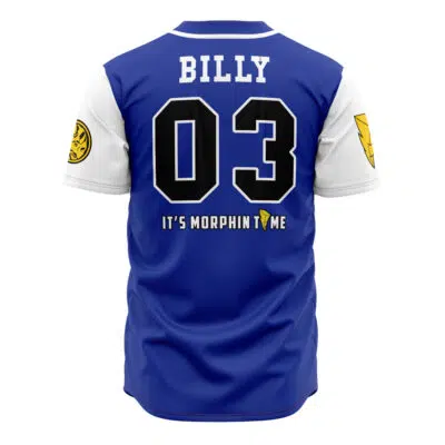The Blue Triceratops Billy Cranston Power Rangers Baseball Jersey features BILLY and 03 on the back with "IT'S MORPHIN TIME" below, a small yellow logo, and yellow and black Power Rangers badges on each sleeve.