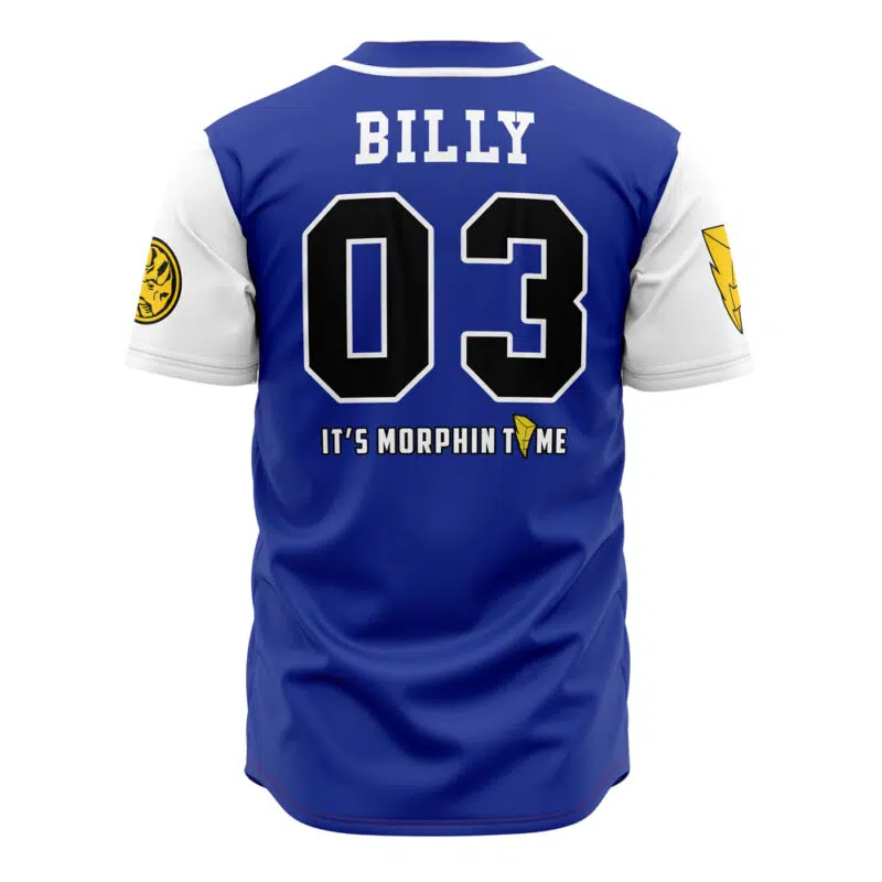 The Blue Triceratops Billy Cranston Power Rangers Baseball Jersey features BILLY and 03 on the back with "IT'S MORPHIN TIME" below, a small yellow logo, and yellow and black Power Rangers badges on each sleeve.