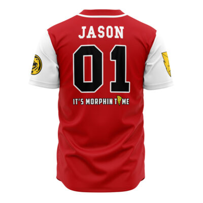 Red Tyrannosauruses Jason Lee Scott Power Rangers Baseball Jersey features "JASON" in bold white letters on the back, large black "01" beneath, "It's Morphin Time" below, and yellow patches on both sleeves.