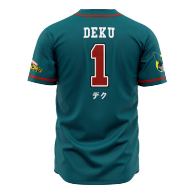 The U.A. High School Deku My Hero Academia Baseball Jersey features a teal back with "DEKU" above a large red number 1, Japanese characters below, and themed patches on both sleeves.