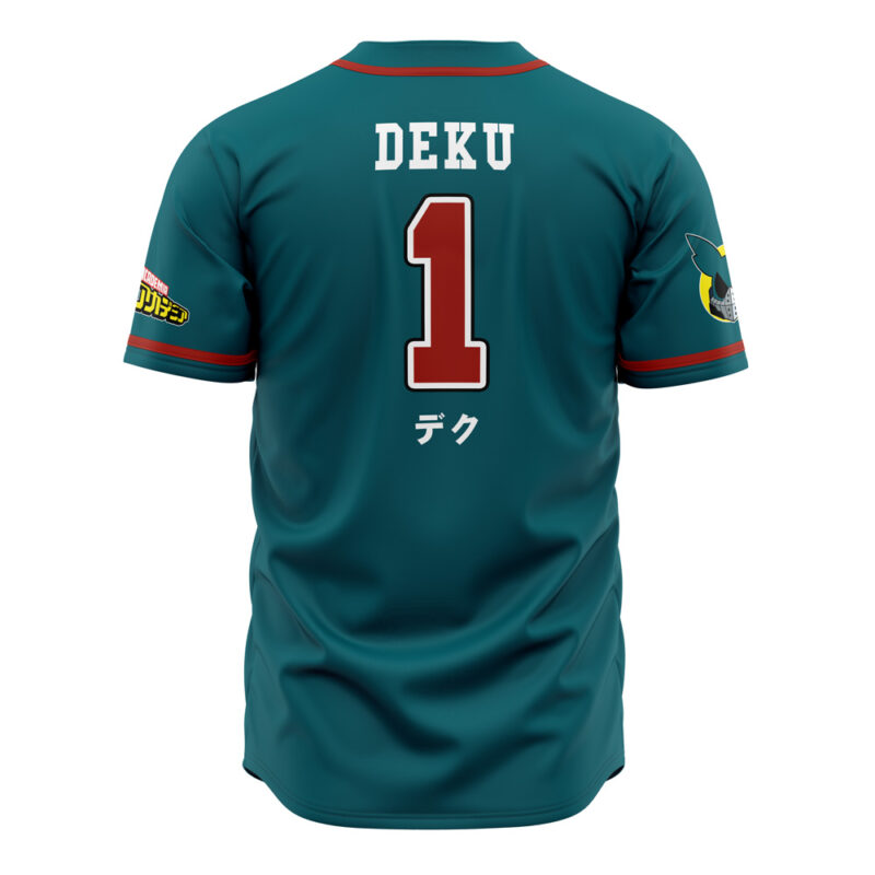 The U.A. High School Deku My Hero Academia Baseball Jersey features a teal back with "DEKU" above a large red number 1, Japanese characters below, and themed patches on both sleeves.