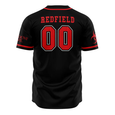 The Umbrella Corp Resident Evil Baseball Jersey is a black jersey with red accents, “REDFIELD” in large white letters above the red-outlined “00,” “RESIDENT EVIL” on the right sleeve, and a red biohazard symbol on the left.