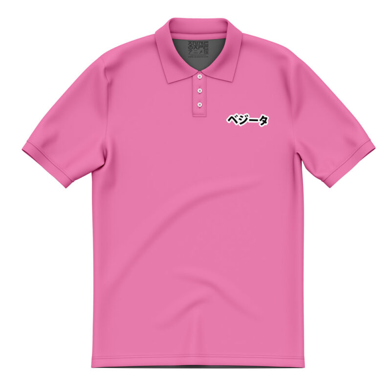 The Vegeta Pink Badman Dragon Ball Z Polo Shirt features short sleeves, a collar, and black-and-white outlined Japanese katakana text on the left chest. The design is simple with no additional graphics.