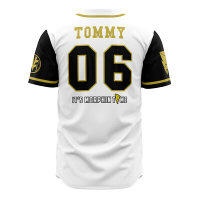 The White Tigers Tommy Oliver Power Rangers Baseball Jersey is a white jersey with black sleeves, gold trim, “TOMMY” and “06” on the back, plus “IT’S MORPHIN TIME” under a yellow lightning bolt icon.