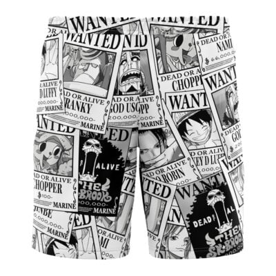 The Aloha Strawhat One Piece Board Shorts Swim Trunks showcase black and white prints of WANTED posters with unique cartoon character faces and names in a bold collage design.