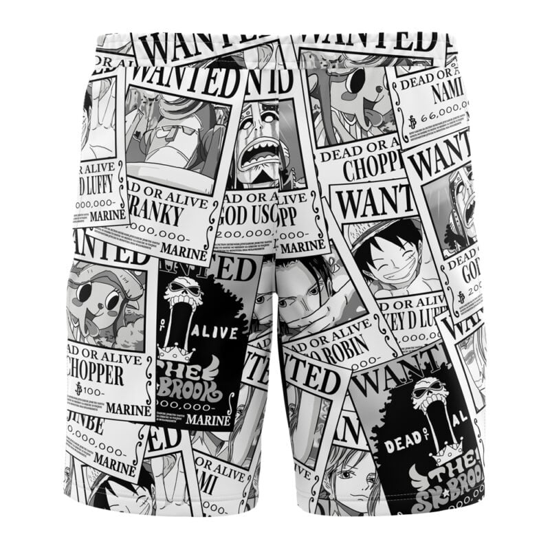 The Aloha Strawhat One Piece Board Shorts Swim Trunks showcase black and white prints of WANTED posters with unique cartoon character faces and names in a bold collage design.
