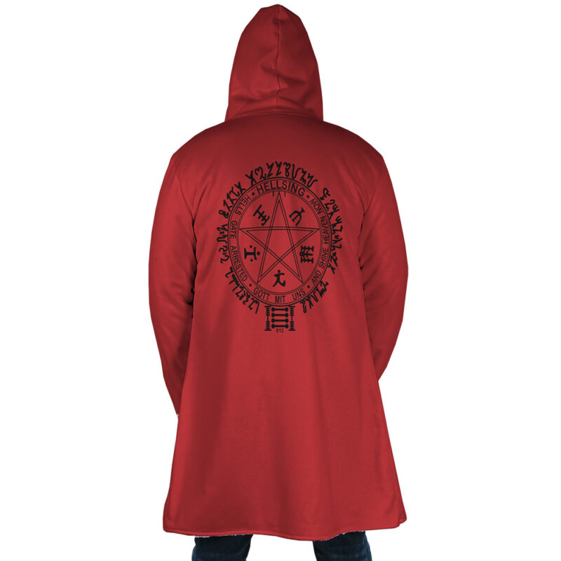 A person wearing the Alucard Emblem Hellsing Dream Cloak Coat, a long red hooded coat featuring a large black circular magic symbol and runes on the back, is facing away from the camera.