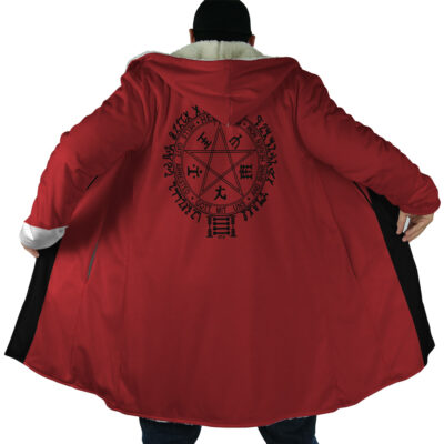 A person shows off the Alucard Emblem Hellsing Dream Cloak Coat, featuring a red body with a black alchemical symbol and runes on the back, plus a white fur collar and hood.