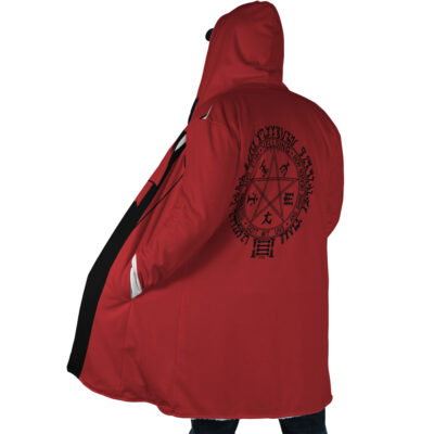 A person wearing the Alucard Emblem Hellsing Dream Cloak Coat stands facing away, showing off its long red hooded design and bold black alchemical symbols inspired by anime.