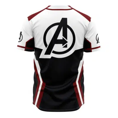 The Avengers Endgame Marvel Baseball Jersey is a short-sleeved top with black, white, and maroon accents, featuring a large black Avengers A logo on the back and smaller logos on each sleeve.