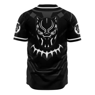 The Black Panther Marvel Baseball Jersey is a black short-sleeve jersey featuring a large stylized Black Panther mask on the back, claw necklace details, and white accents on the sleeves and collar.