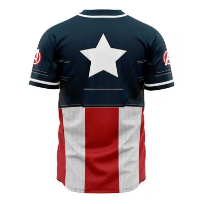 The Captain America Cosplay Marvel Baseball Jersey features a bold white star on dark blue, red and white stripes below, and sleeves with white and black stripes plus red circular logos, echoing Captain America's iconic suit.