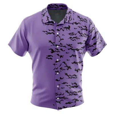 The Curse Mark Shippuden Button Up Hawaiian Shirt features light purple fabric with a black squiggly camouflage pattern concentrated on the right side, and partially covering the left sleeve and collar.