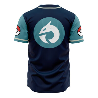 The Dragon Rage Dragon Type Pokemon Baseball Jersey is navy blue with light blue short sleeves, Poké Ball symbols on each sleeve, and a large white Dragonite-inspired logo on the back.