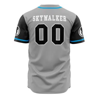 The Jedi Skywalker Star Wars Baseball Jersey is a gray sports jersey with black sleeves, blue trim, SKYWALKER and number 00 in bold on the back, plus circular emblems on each sleeve.