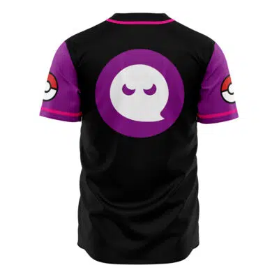 The Night Shades Ghost Type Pokemon Baseball Jersey is black and purple, featuring a large ghost face in a purple circle on the back and short purple sleeves with red and white Poké Ball designs near the shoulders.