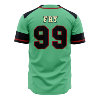 The Planet Express Futurama Baseball Jersey is green with black and red sleeve accents, the name FRY in yellow letters on the back, and a large number 99 in black with a red outline.