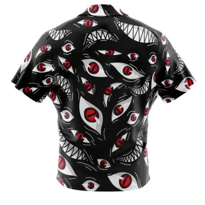 The Pride Fullmetal Alchemist Button Up Hawaiian Shirt is a black short-sleeve shirt with bold red and white cartoon eyes and sharp-toothed grins covering the back.