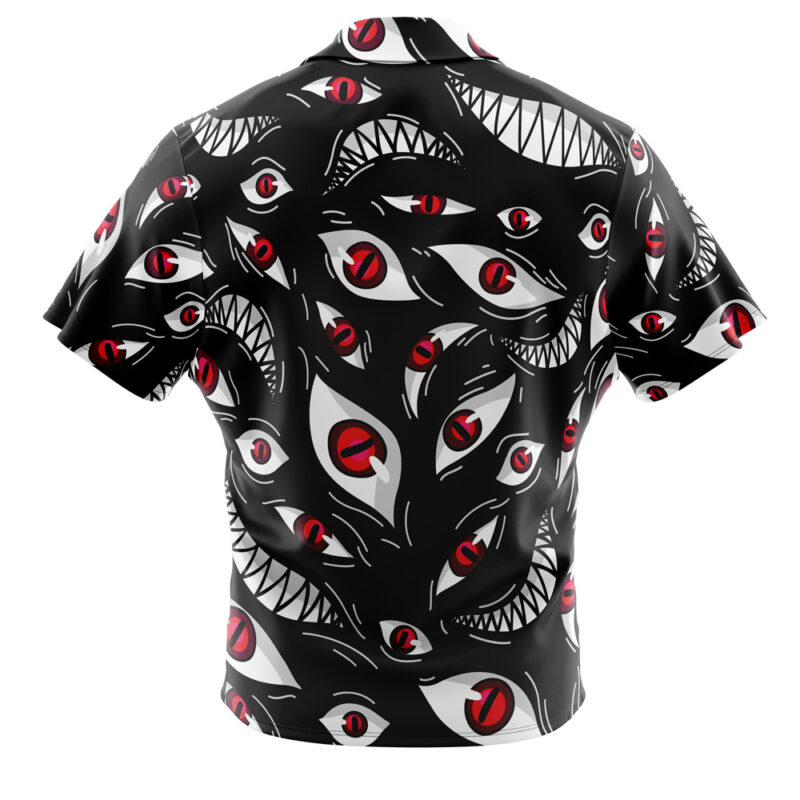 The Pride Fullmetal Alchemist Button Up Hawaiian Shirt is a black short-sleeve shirt with bold red and white cartoon eyes and sharp-toothed grins covering the back.