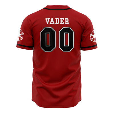 The Sith Empire Vader Star Wars Baseball Jersey is red with VADER and 00 in bold black and white on the back, plus white Imperial logos from Star Wars on the sleeves.