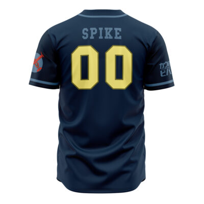 The Space Cowboys Cowboy Bebop Baseball Jersey features SPIKE and 00 in large yellow letters on the navy blue back, with red and white logos on each sleeve and white Japanese text on the right sleeve.