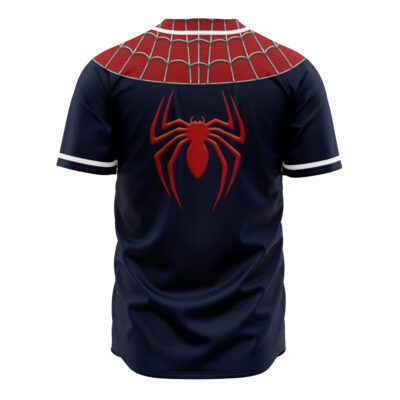 The Spiderman Cosplay Marvel Baseball Jersey is a navy blue short-sleeve top featuring a red spider emblem on the back and a red web pattern on the shoulders, inspired by Spider-Man’s iconic costume.