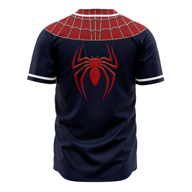 The Spiderman Cosplay Marvel Baseball Jersey is a navy blue short-sleeve top featuring a red spider emblem on the back and a red web pattern on the shoulders, inspired by Spider-Man’s iconic costume.