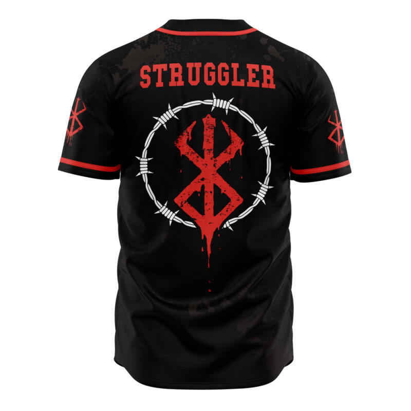 The Struggler Berserk Baseball Jersey is a black jersey with red accents, "STRUGGLER" in bold on the front, a red dripping symbol inside a barbed wire circle on the back, and matching red sleeve symbols.
