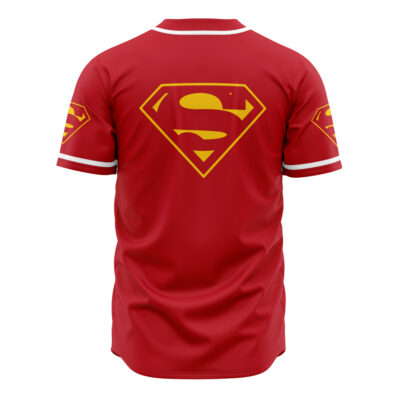 The Superman DC Comics Baseball Jersey is red with short sleeves, featuring a large yellow S shield logo on the back, smaller matching logos on the sleeves, and white trim on the collar and cuffs.