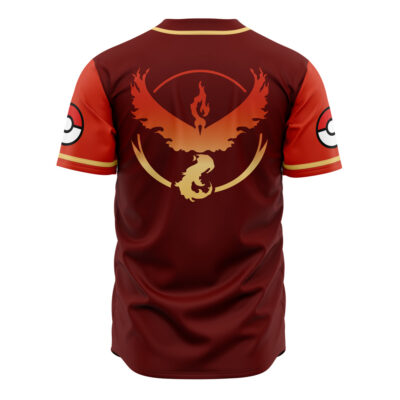 The Team Valor Pokemon Baseball Jersey is a maroon and red short-sleeve shirt with a large orange phoenix emblem on the back and Poké Ball symbols on both sleeves.