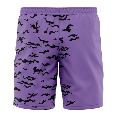 The Curse Mark Shippuden Board Shorts Swim Trunks feature a bold purple design with black abstract squiggle patterns on the front, an elastic waistband, and smooth fabric for modern comfort.