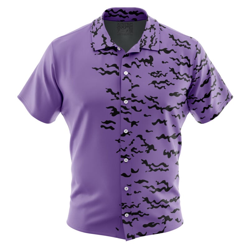 The Curse Mark Shippuden Button Up Hawaiian Shirt features light purple fabric with a black squiggly camouflage pattern concentrated on the right side, and partially covering the left sleeve and collar.
