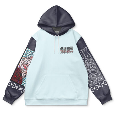 The Itadori Yuuji x Ryomen Sukuna Jujutsu Kaisen Streetwear Hoodie is light blue with dark blue hood and sleeves, featuring white, red, and blue graphic designs plus stylized Japanese and English text on the chest and sleeves.