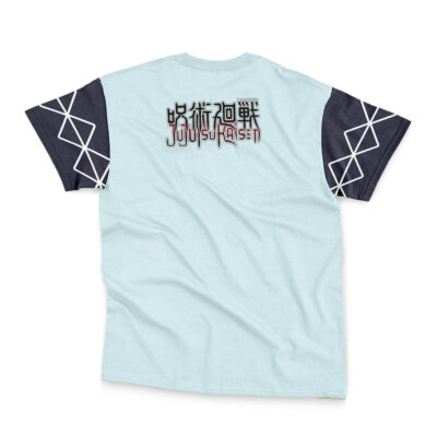 The Itadori Yuuji x Ryomen Sukuna Jujutsu Kaisen Streetwear T-Shirt is a light blue tee with black sleeves, white geometric patterns, and stylized Japanese characters plus "Jujutsu Kaisen" on the back.