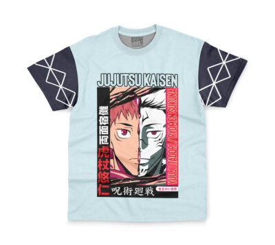 Light blue streetwear T-shirt with dark sleeves and diamond patterns, featuring split faces of Itadori Yuuji and Ryomen Sukuna, "JUJUTSU KAISEN" text above, and Japanese lettering surrounding the image.