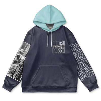 The Fushiguro Megumi Jujutsu Kaisen Streetwear Hoodie is navy blue with a light blue hood, white graphic designs and text on the chest and sleeves, plus a black-and-white manga-style image on the left sleeve.