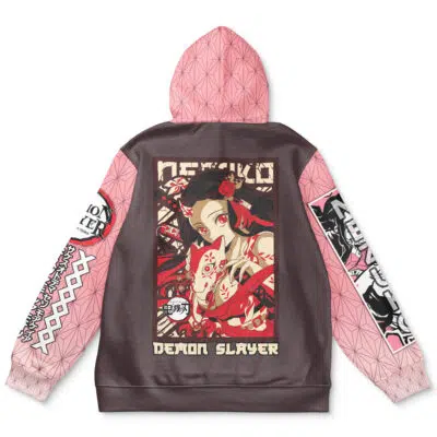 The Kamado Nezuko Demon Slayer Streetwear Hoodie features an anime-style Nezuko illustration on the back, pink patterned sleeves, and Japanese text on the sleeves and above the character.