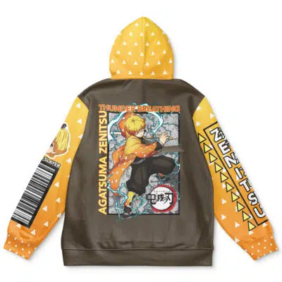 The Agatsuma Zenitsu Demon Slayer Streetwear Hoodie features yellow sleeves and hood with white triangles. The back showcases Zenitsu Agatsuma’s illustration and the text "AGATSUMA ZENITSU" and "THUNDER BREATHING".