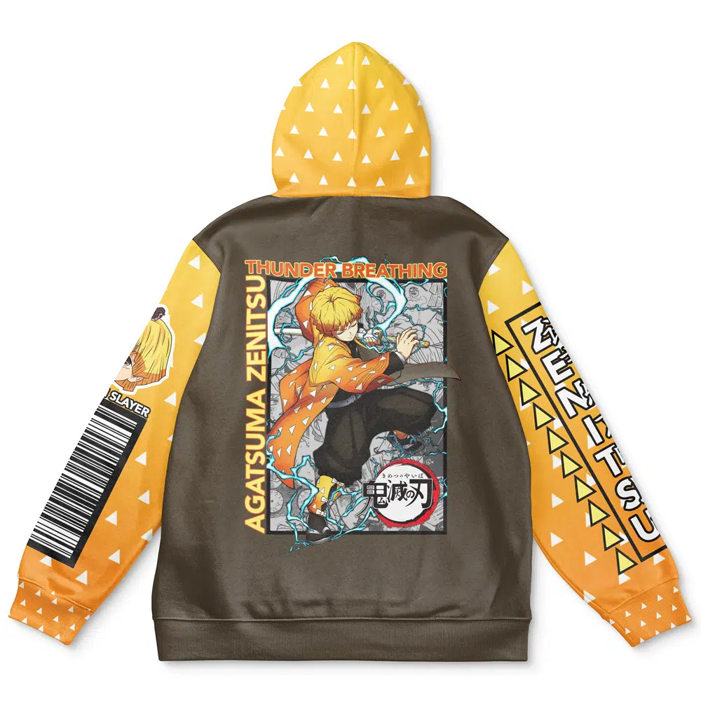 The Agatsuma Zenitsu Demon Slayer Streetwear Hoodie features yellow sleeves and hood with white triangles. The back showcases Zenitsu Agatsuma’s illustration and the text "AGATSUMA ZENITSU" and "THUNDER BREATHING".