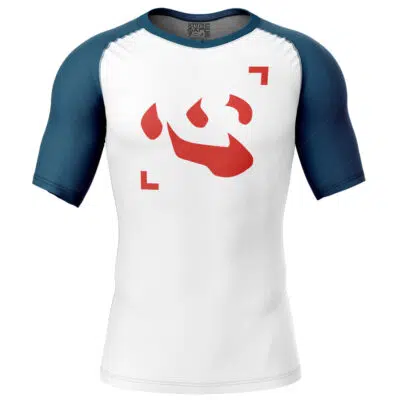 The Chairman Netero Hunter x Hunter Short Sleeve Rash Guard Compression Shirt features dark teal sleeves, a white body, a bold abstract red design, and two red corner brackets on the chest.