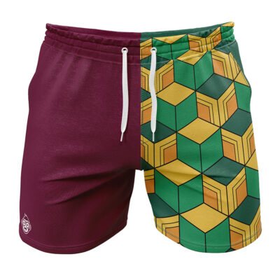 The Giyu Tomioka Demon Slayer Gym Shorts feature a solid maroon left side, a green, yellow, and black geometric cube pattern on the right, a white drawstring, and a small logo on the left leg.